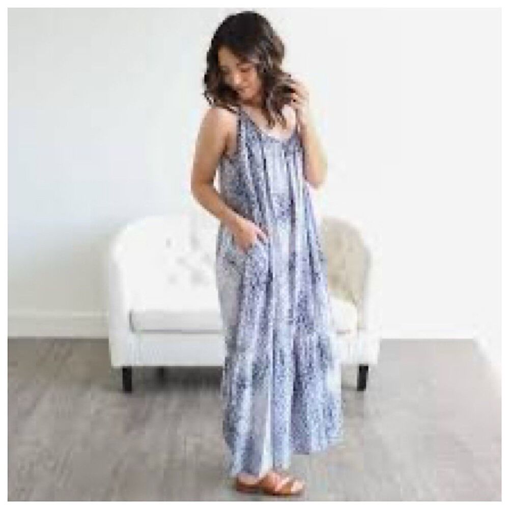 Sleeveless Blue Patterned Maxi Dress - Lightweight Summer Flow